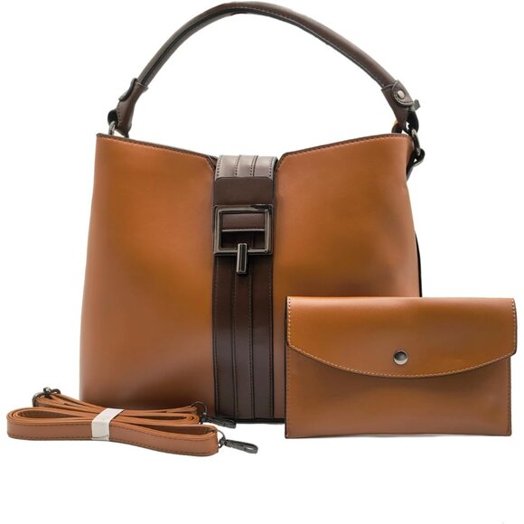 Brown Square Bucket Tote Bag & Envelope Clutch Set for Women with Striped Design